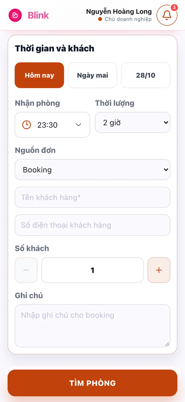 Màn hình tạo booking: thời gian, số khách và nguồn đơn