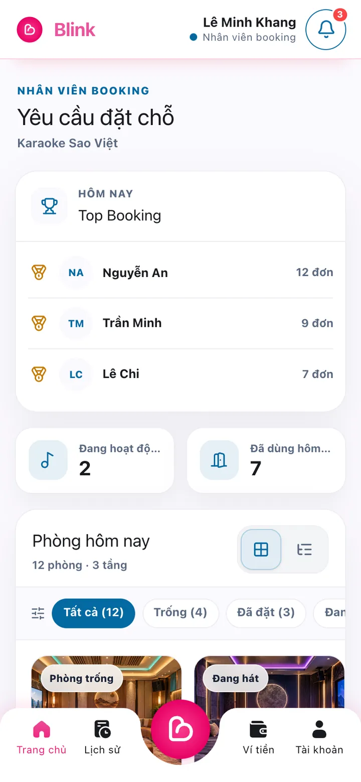 Không gian nhân viên booking với bảng xếp hạng Top Booking
