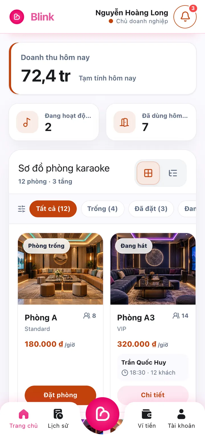 Bảng điều khiển chủ quán với doanh thu hôm nay và sơ đồ phòng karaoke