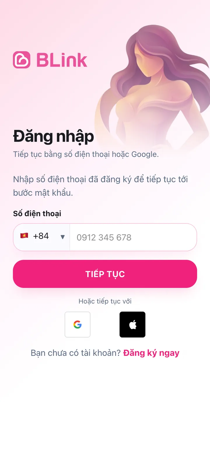 Màn hình đăng nhập Blink bằng số điện thoại
