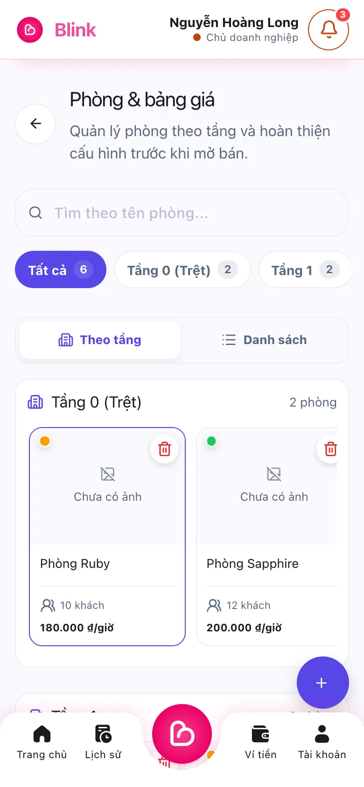 Quản lý phòng và bảng giá theo tầng