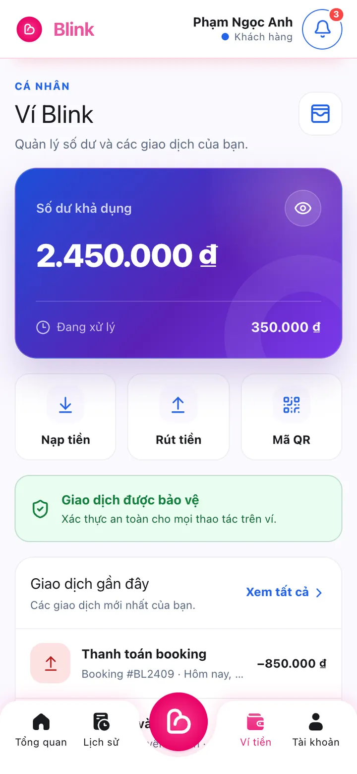 Ví Blink hiển thị số dư và giao dịch gần đây