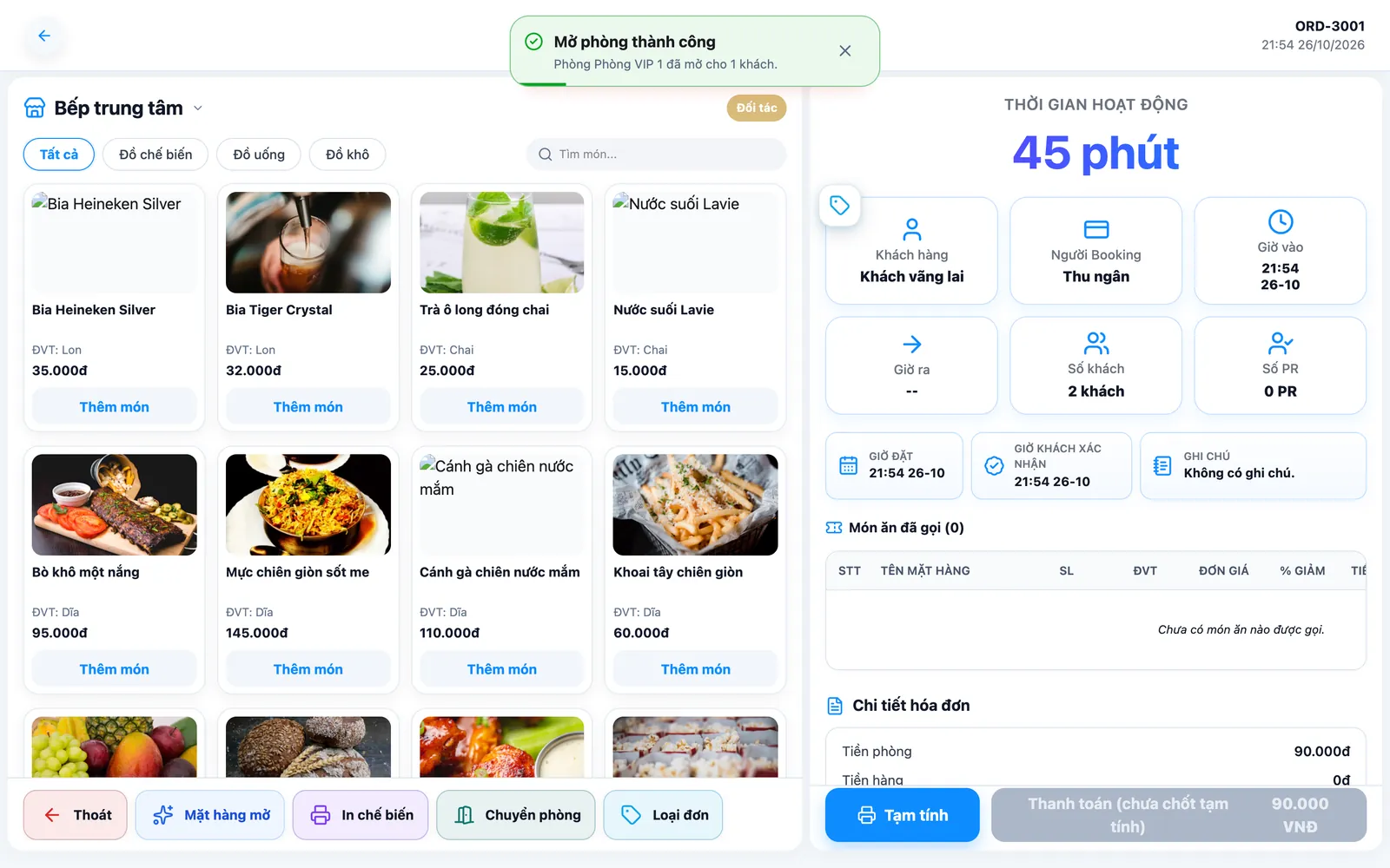 Chi tiết phòng: thực đơn, thời gian hoạt động và hóa đơn